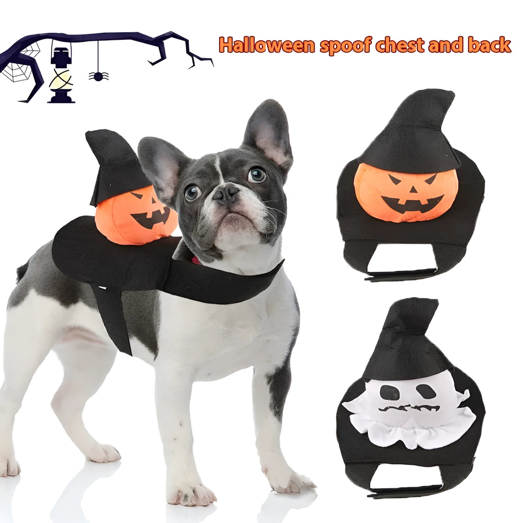 Dog wearing Halloween costume in ghost or pumpkin ghost design with PP cotton material