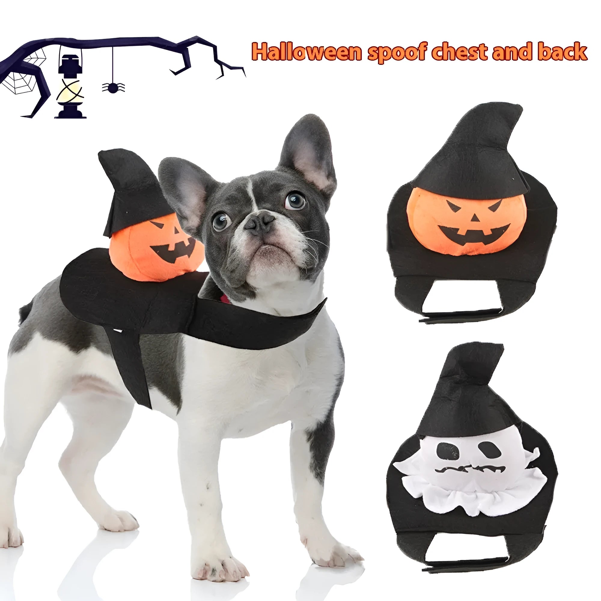 Dog wearing Halloween costume in ghost or pumpkin ghost design with PP cotton material