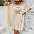 Beach crochet stitching tassel dress swimsuit with patchwork skirt in slubbed fabric hollow yarn, available in black, white, apricot, blue.