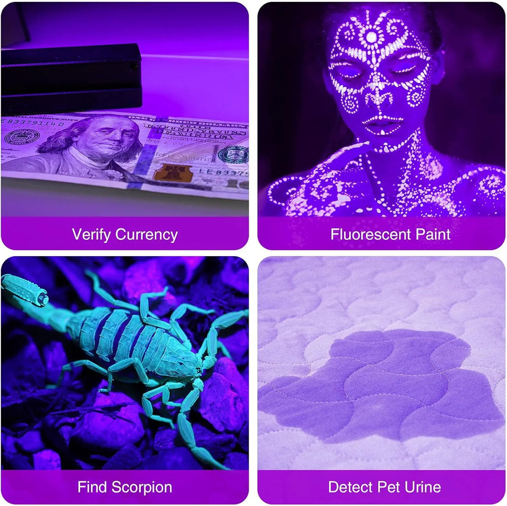 Black or silver aluminium alloy UV flashlight for detecting pet stains and insects.