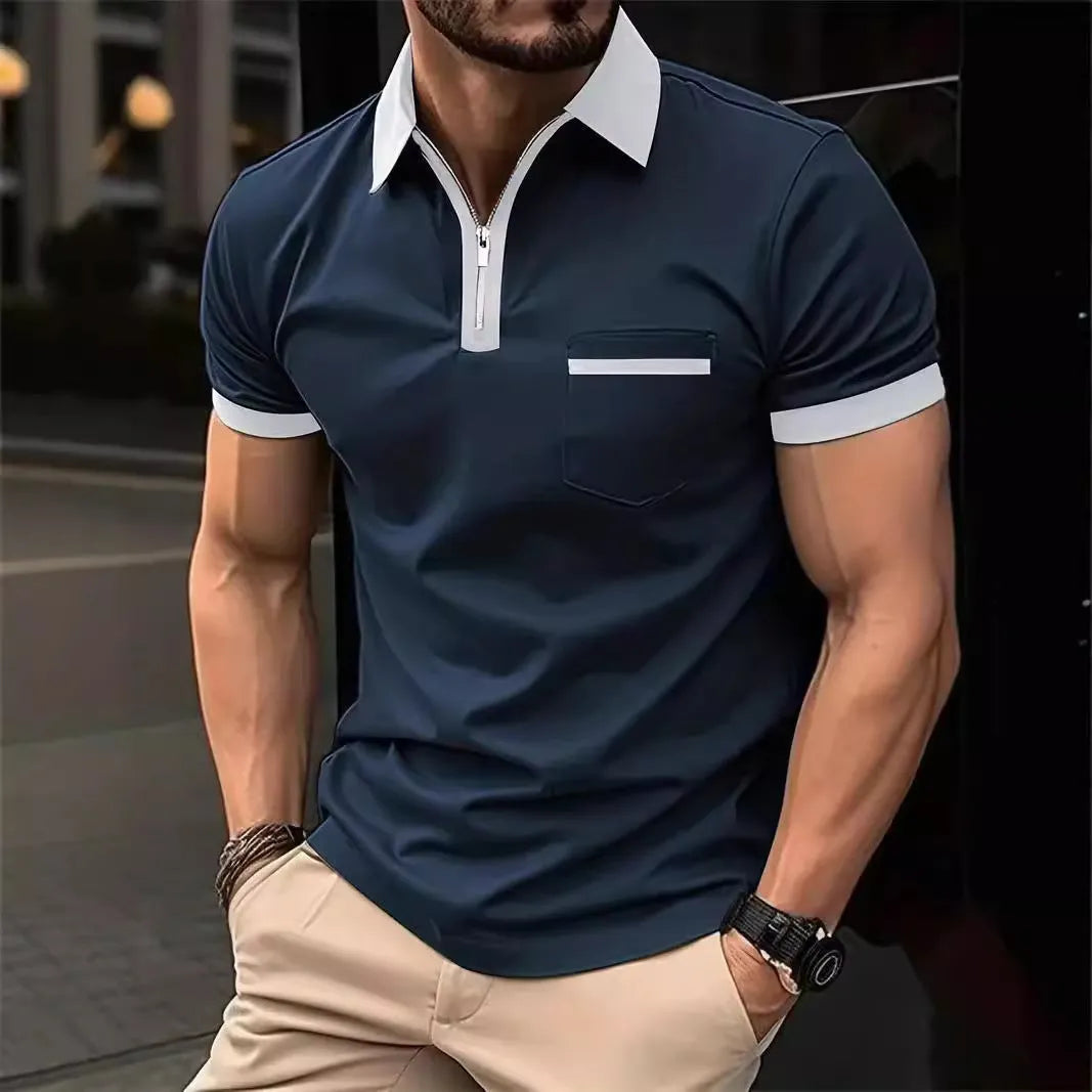 Man wearing a loose-fit short-sleeve casual shirt with a chest pocket and zipper decorations on the front.