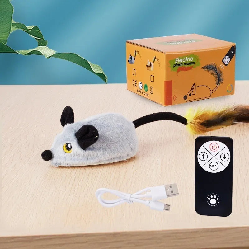 Simulation electric cat toy mouse in plush grey or yellow with remote control