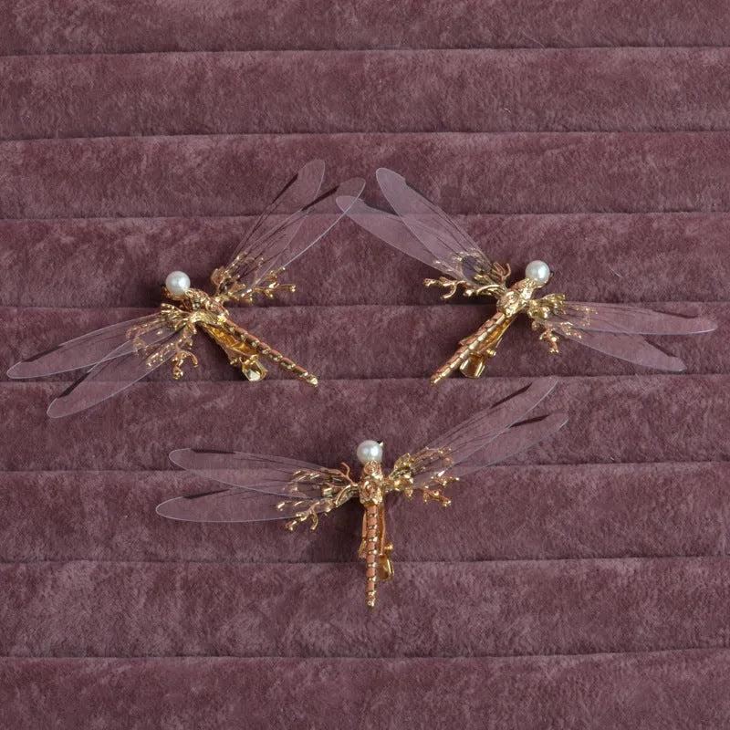 Golden dragonfly-shaped side clip headdress with jucai decoration for women