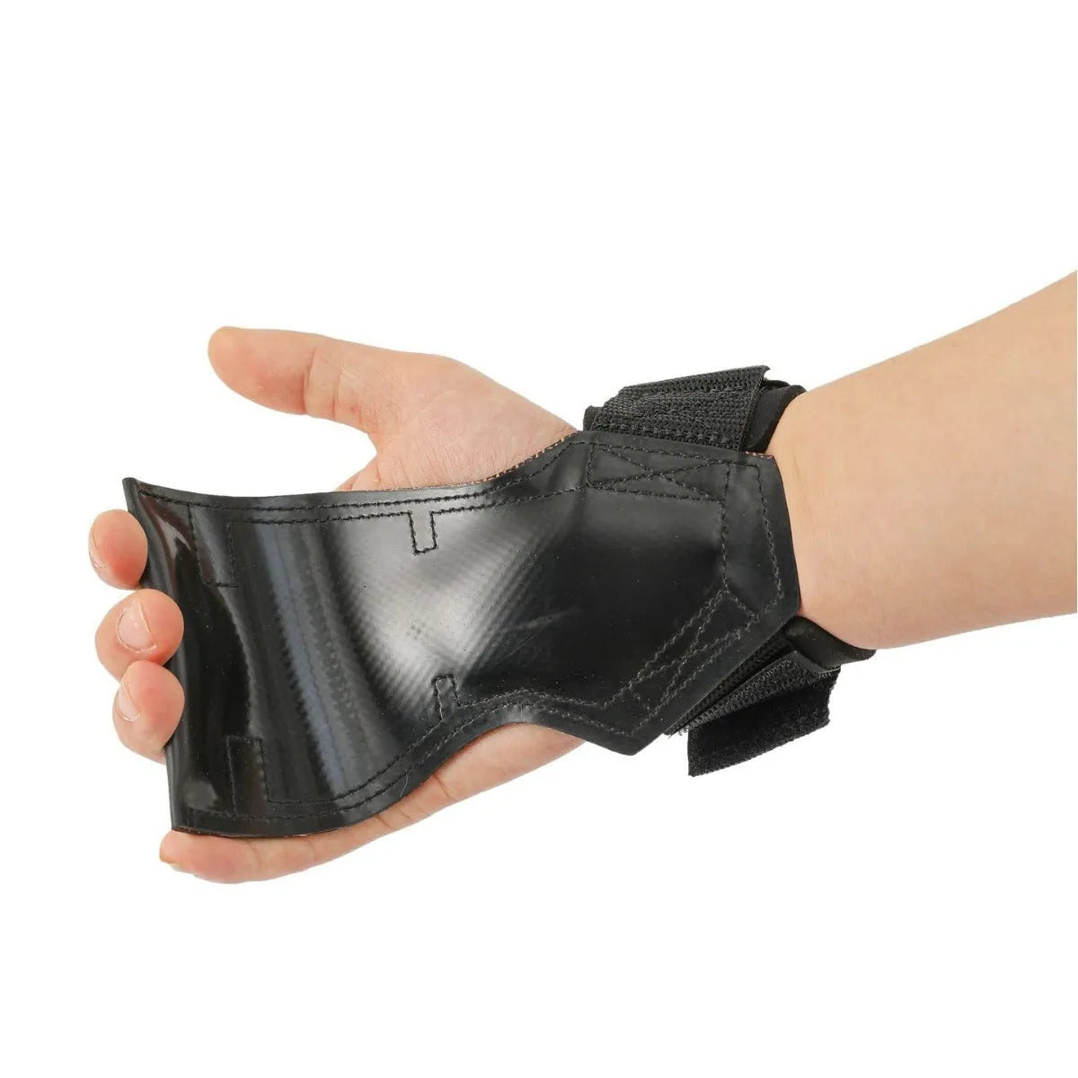 Black rubber non-slip weightlifting palm protectors with an assist belt for rock climbing.