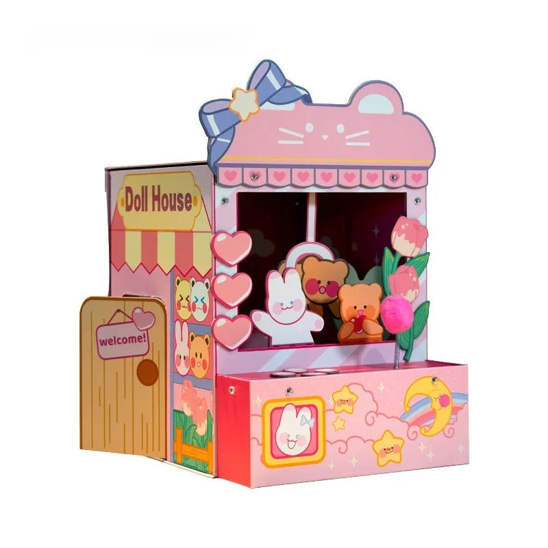 Pink three-in-one tulip clip cat nest crane machine, 35 x 34.5 x 53.5cm, Japanese-style cat villa in grey board and corrugated paper