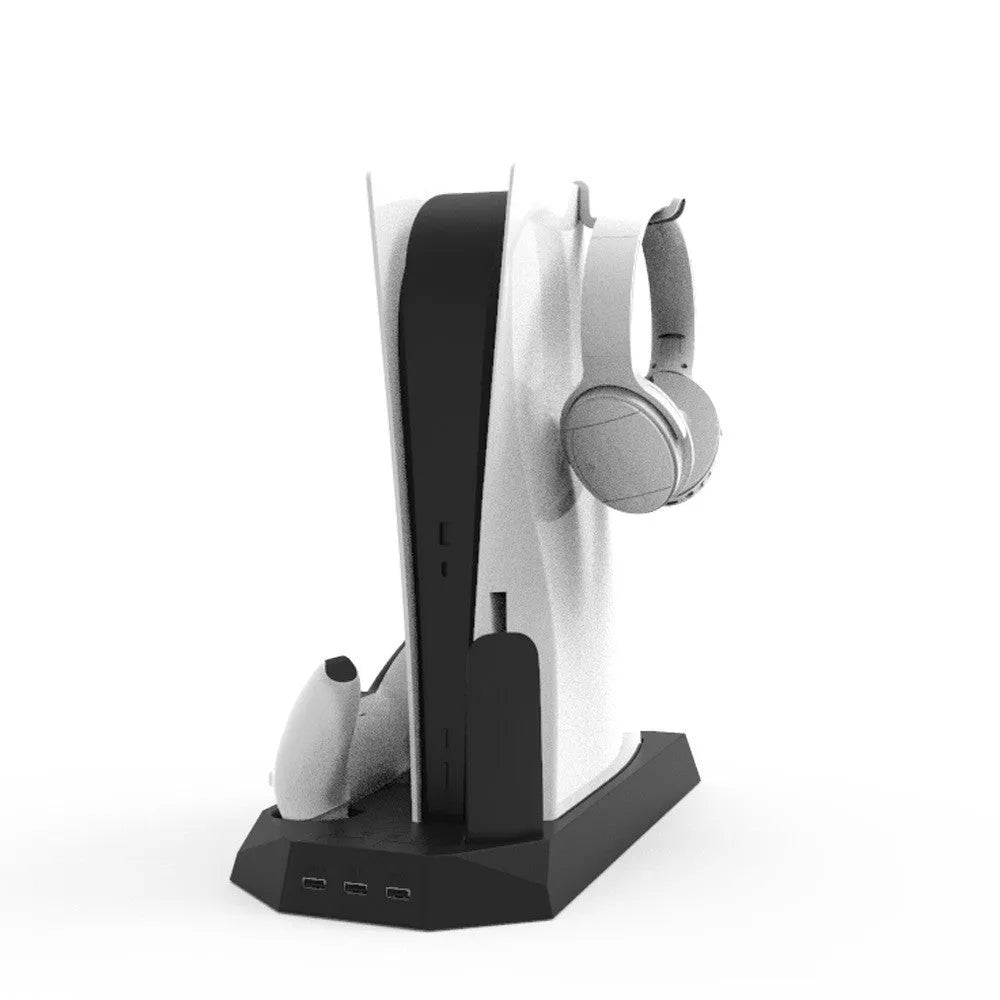 PS5 charging base radiator in black with dual USB ports storing controller and headset