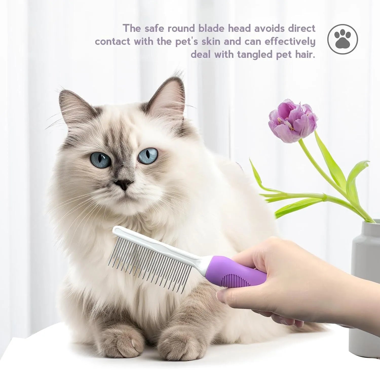 Purple detangling pet comb with stainless steel teeth for grooming dogs and cats, showing ergonomic handle