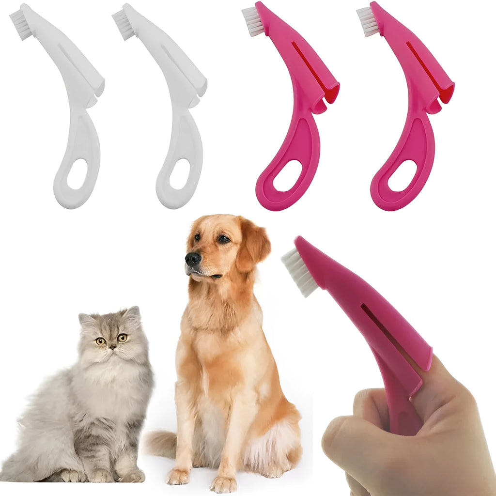 Pet finger toothbrush with soft silicone bristles and finger-sleeve design, red and white colors, for dog and cat dental cleaning