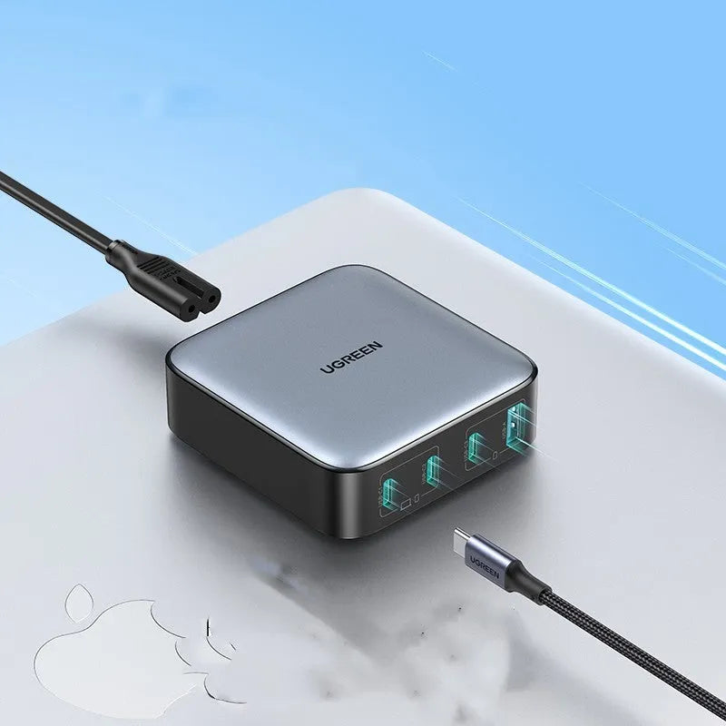 100W Gallium Nitride fast charger plug with USB-C cable on a white background