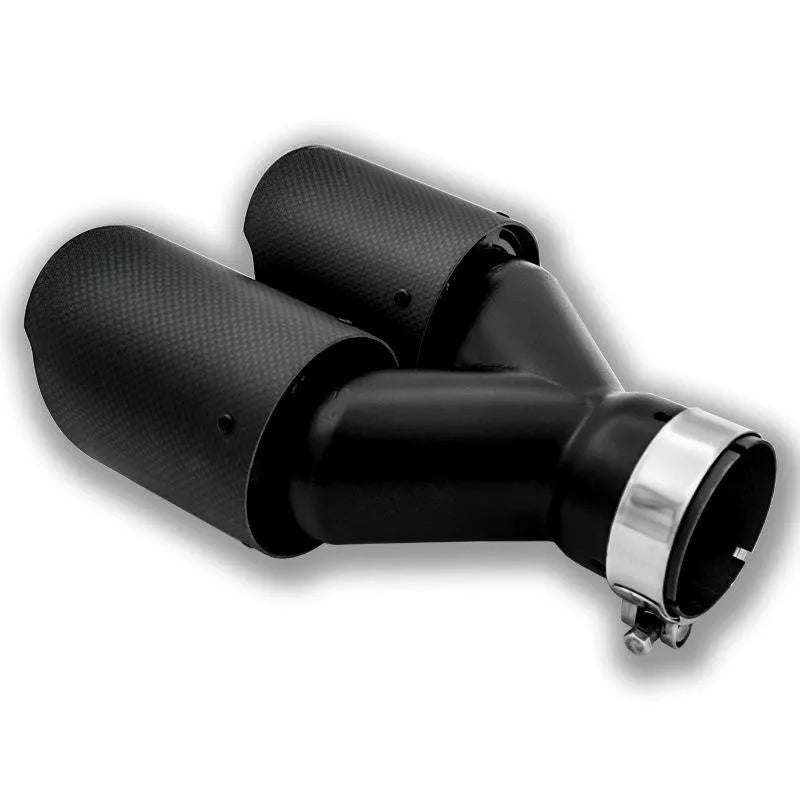 Black carbon fibre car exhaust pipe with dual outlets, measuring 250mm in length
