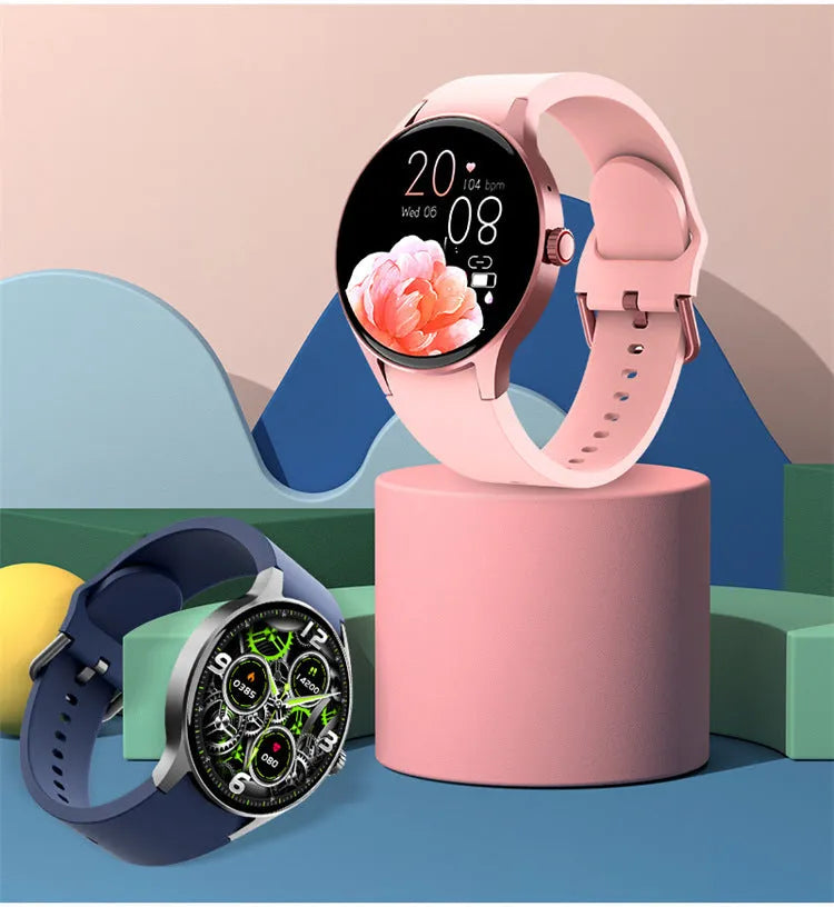 Men's and women's smart Bluetooth sport watch with 1.43-inch round screen in black, blue, pink, or red colour options