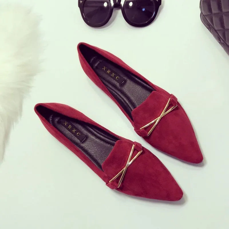 Women's pointed toe flat shoes with buckle, low platform heel, black or wine red, artificial PU upper, sizes 35-40