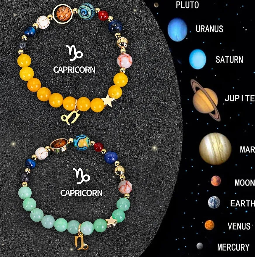 Natural stone beaded zodiac bracelets with adjustable 18-22cm length showing engraved astrological symbols