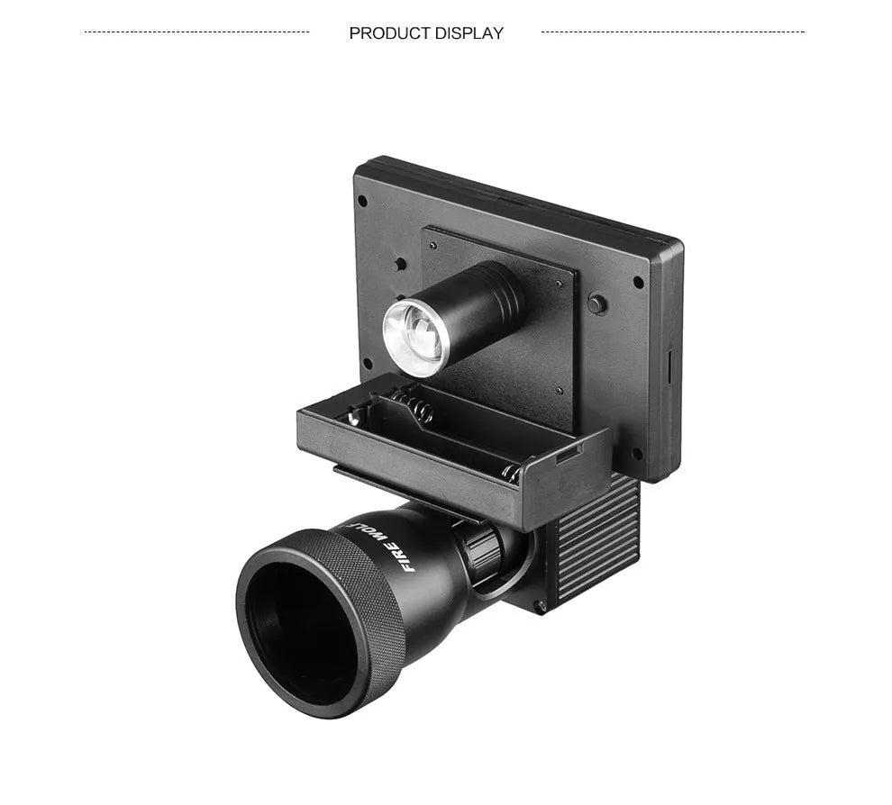 Black digital night vision monocular with 4.3-inch screen, shown with two 18650 batteries.