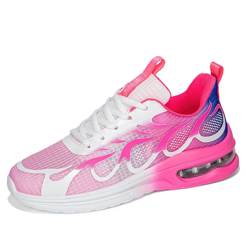 Women's pink mesh casual sneaker with lace-up front and light-coloured PU sole.