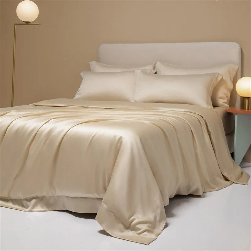200 thread count Lenzing Tencel quilt sheets in Aurora Blue colour on a UK double bed