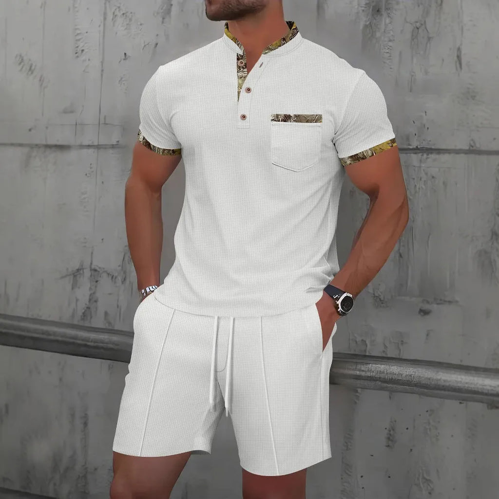 Men's grey waffle texture short sleeve suit with polo collar and matching shorts on hanger