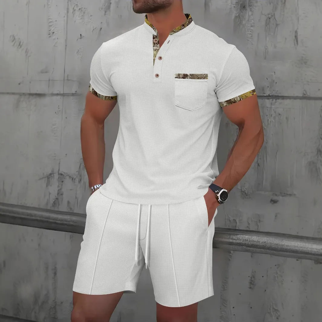 Men's grey waffle texture short sleeve suit with polo collar and matching shorts on hanger