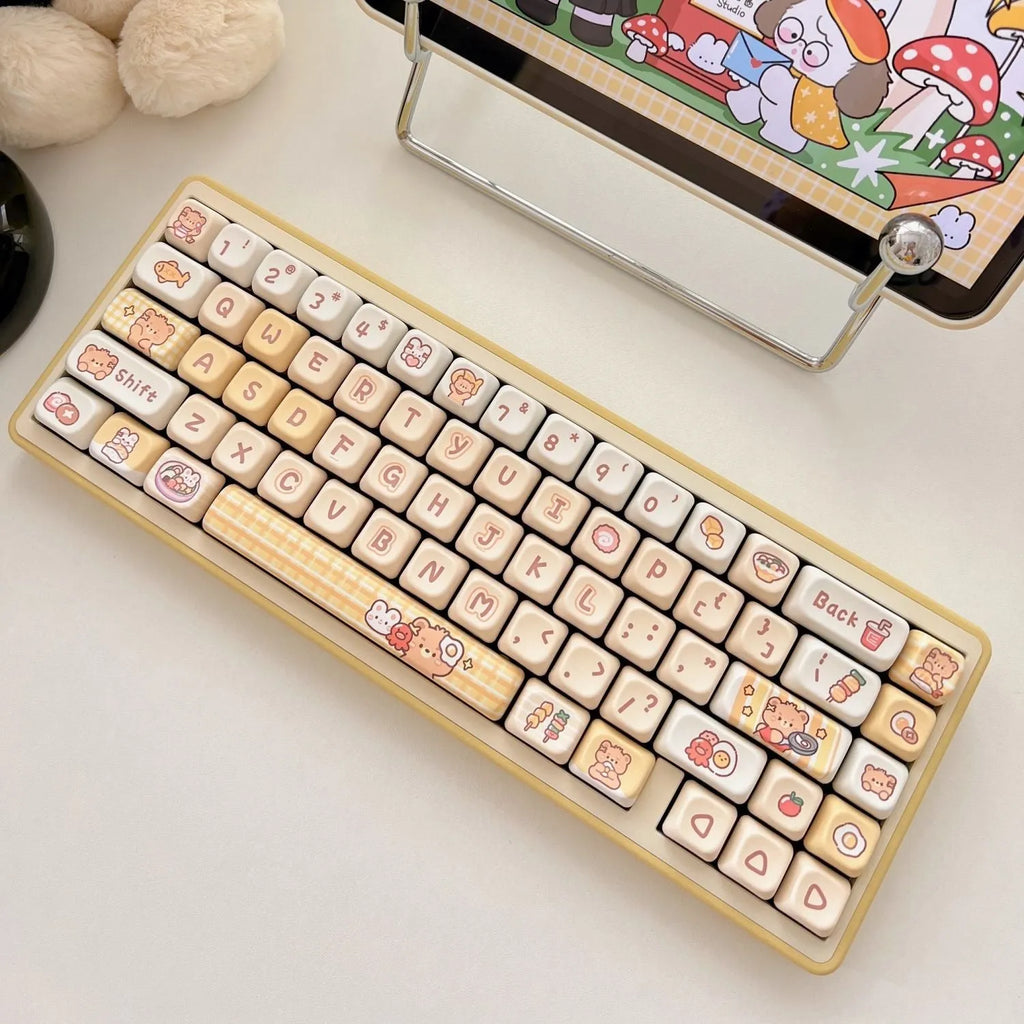 Rabbit Bear Restaurant themed keycaps with EOA height profile, made from PBT plastic using heat sublimation printing