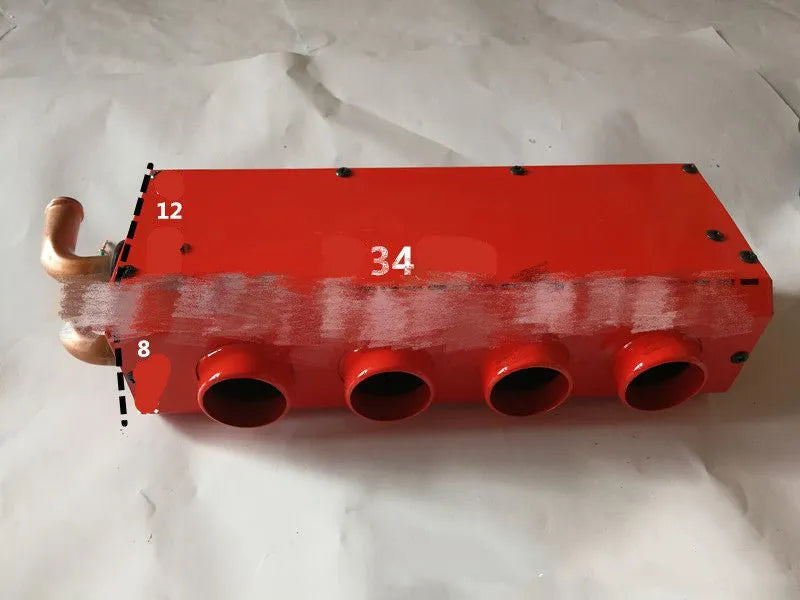 Car heater with four copper pipes, metal housing, manual control, dimensions 34x12x8cm, for 12V/24V automotive use