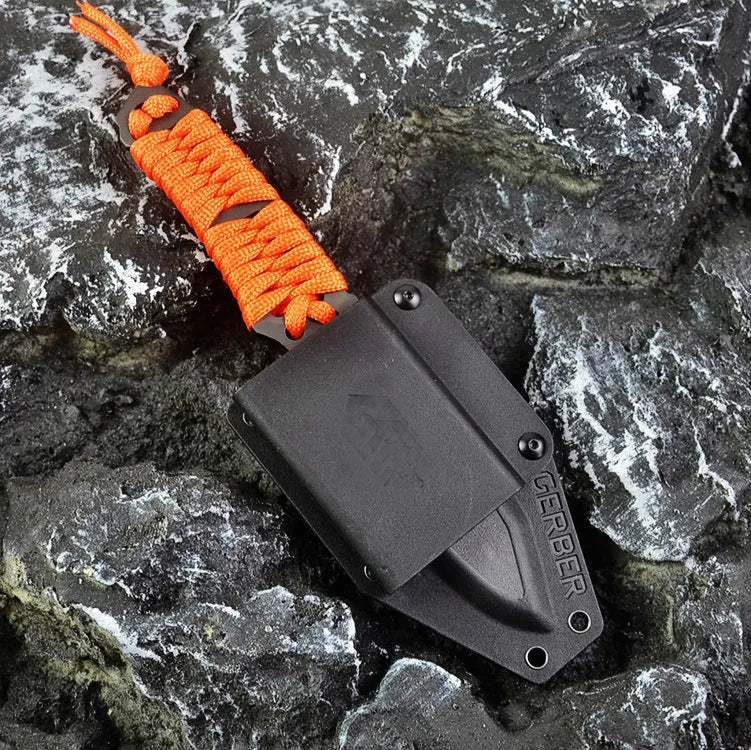 Outdoor camping rope knife with straight blade and ABS sheath showing measurements