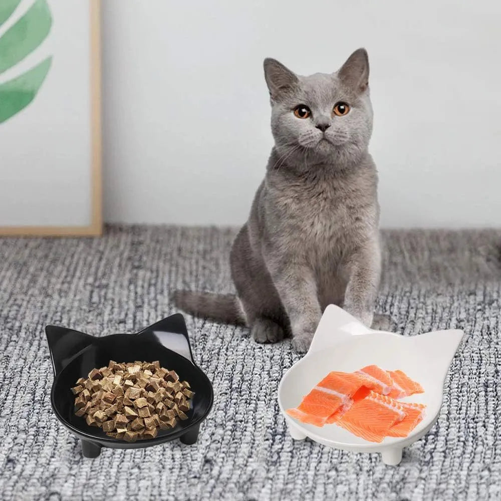Non-slip shallow cat bowl in black or white, made from food-grade melamine with rubber base, measuring 145mm by 63mm