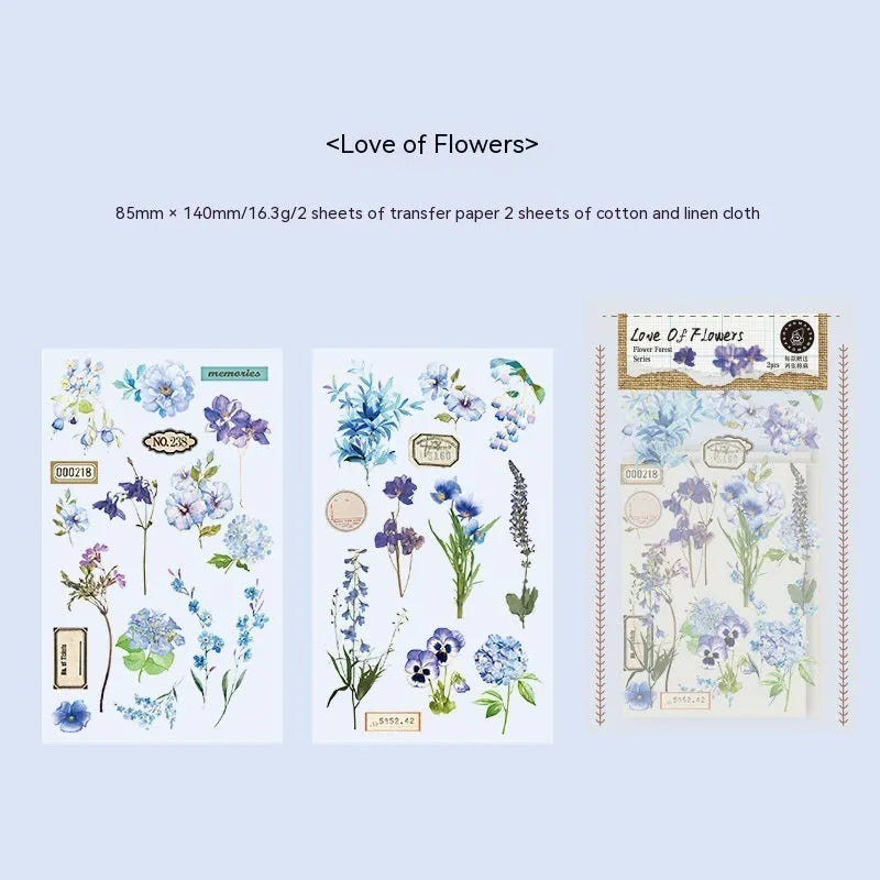 Huazhisen Series forest label sticker pack showing transfer paper and cotton linen sheets in dusk time colour