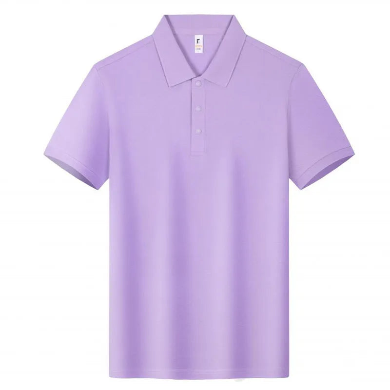 Men's beige cotton short sleeve polo shirt with a lapel collar, shown in a loose fit.