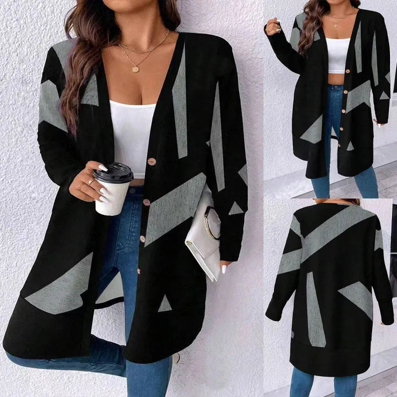 Black loose casual plus size knitwear cardigan with button stitching and printing, shown in Japanese Korean style