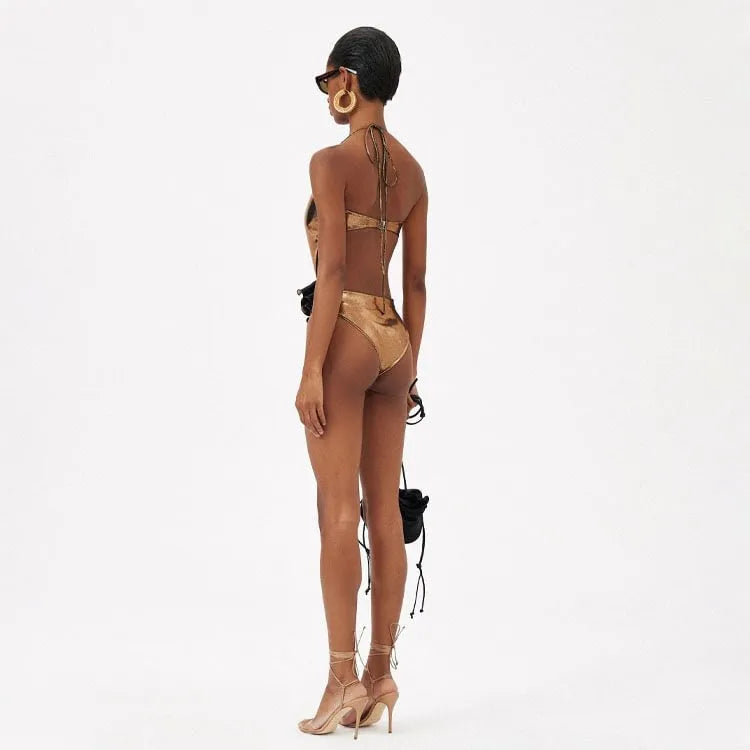 Gold handmade halter neck one-piece swimsuit with hollow out flower design for swimming sports