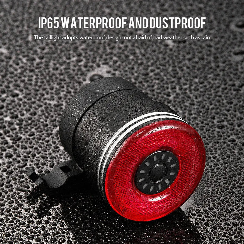 Black aluminium smart brake sensing USB charging bicycle taillight showing 35x39x58mm dimensions
