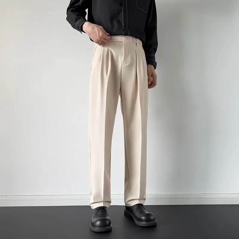 Men's straight-leg suit trousers in apricot or black colour, sizes M to 2XL, made from 100% polyester