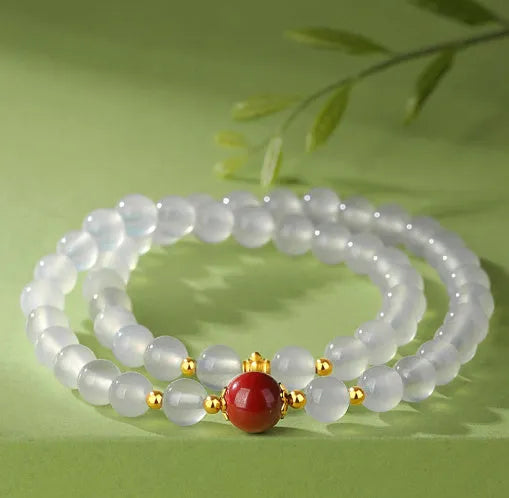 Women's double-layer white agate and jequirity bean cinnabar bracelet with 6mm geometric beads