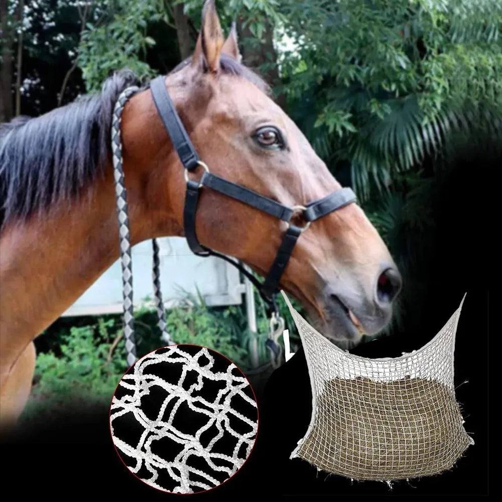 Black woven polyethylene rope horse feeding bag with grid pattern, hanging demonstration showing 120x90cm size