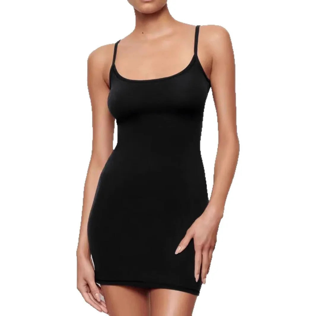 Black sling dress with sheath silhouette, sleeveless design, and short skirt length made from 100% polyester fabric
