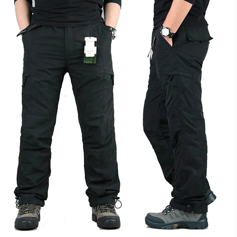 Men's stone-washed cotton overalls with wool lining in khaki, loose straight-leg fit