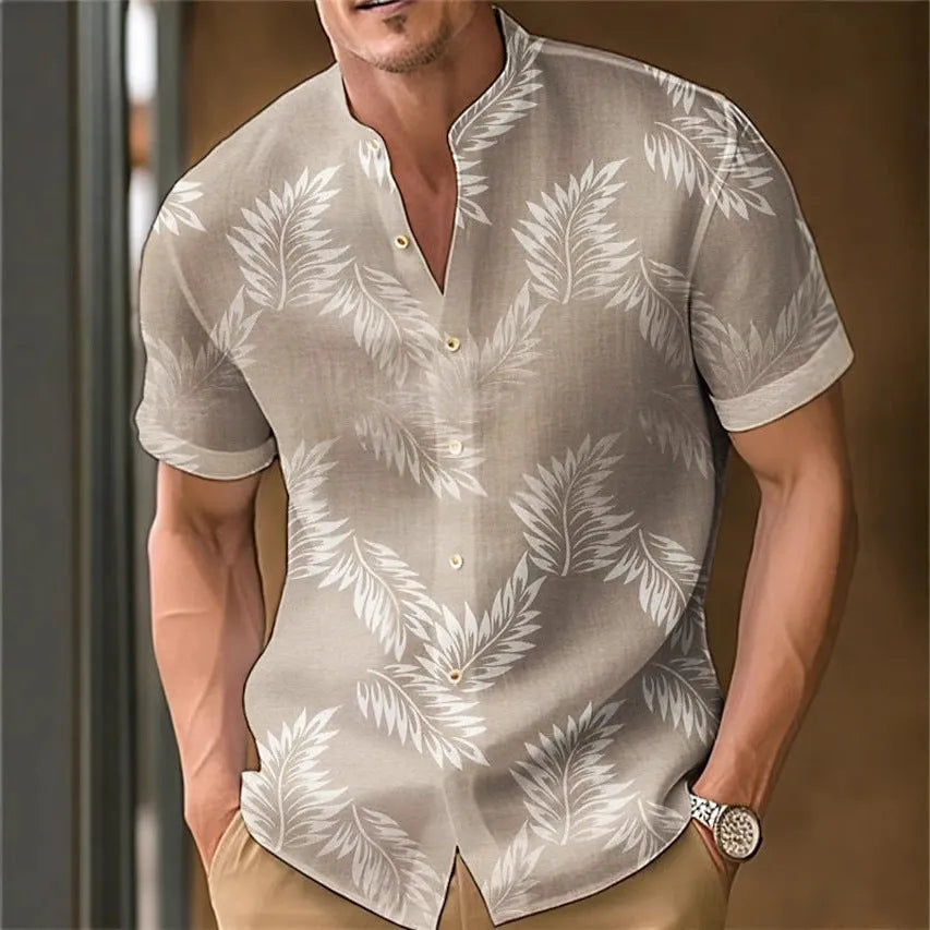 Men's printed casual shirt in polyester fabric showing colour options and relaxed fit