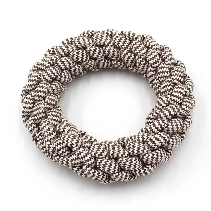 Cotton braided ring dog chew toy showing textured knots and 18cm diameter