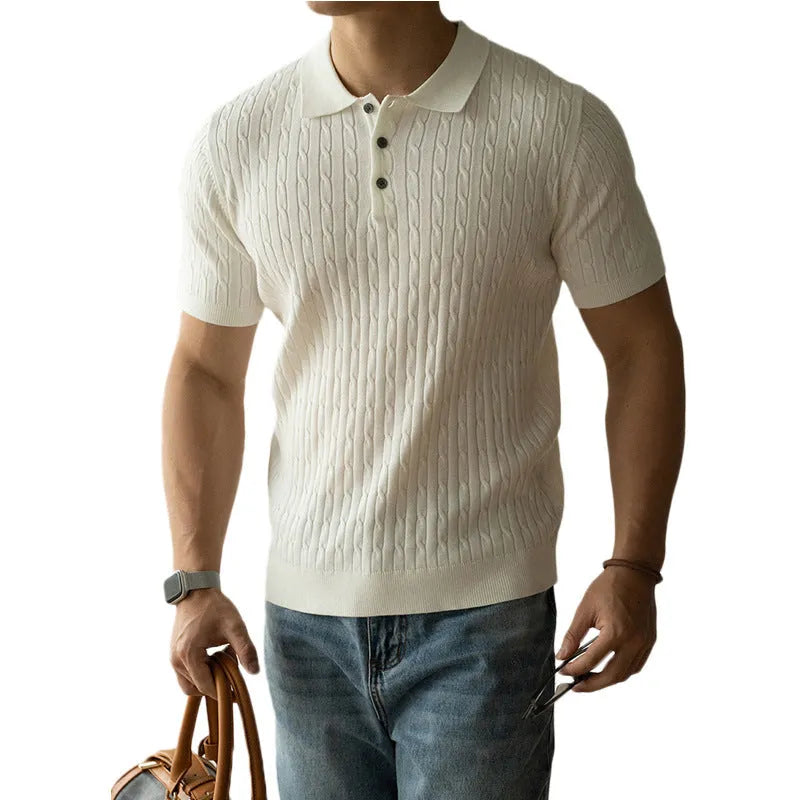 Men's short-sleeve top in khaki, black, or white for business and casual wear, showing fabric detail and fit