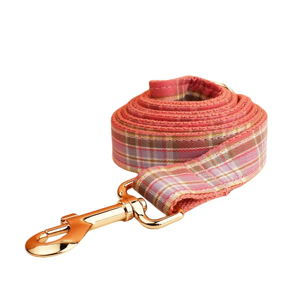 Plaid fabric dog collar and leash set with decorative bow accessory