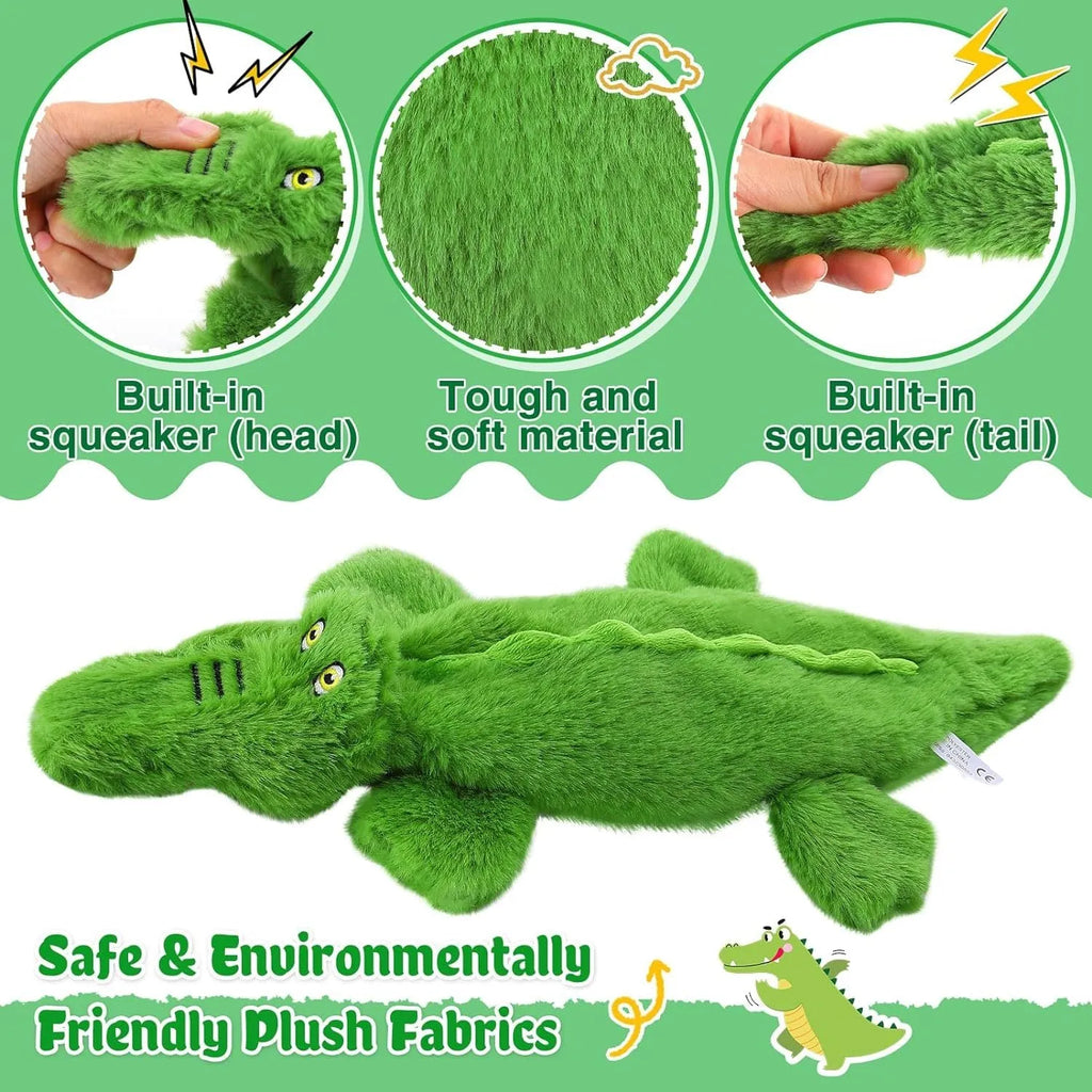 Green crocodile-shaped plush dog toy with no stuffing, measuring 20cm long with squeaker in head and crinkle paper in tail