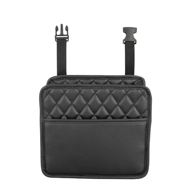 Black leather hanging car storage bag measuring 25x25x8cm attached to car headrest