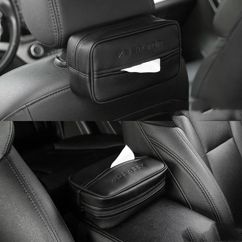 Black PU hanging leather box measuring 23x13x9cm with hanging loop for car storage