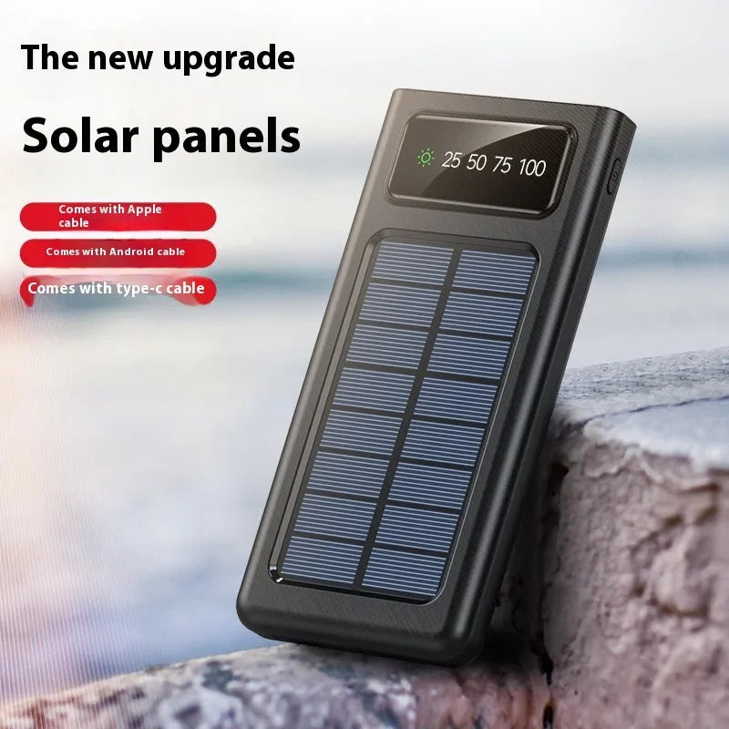 Black solar power bank with integrated charging cables showing 20000mAh capacity label