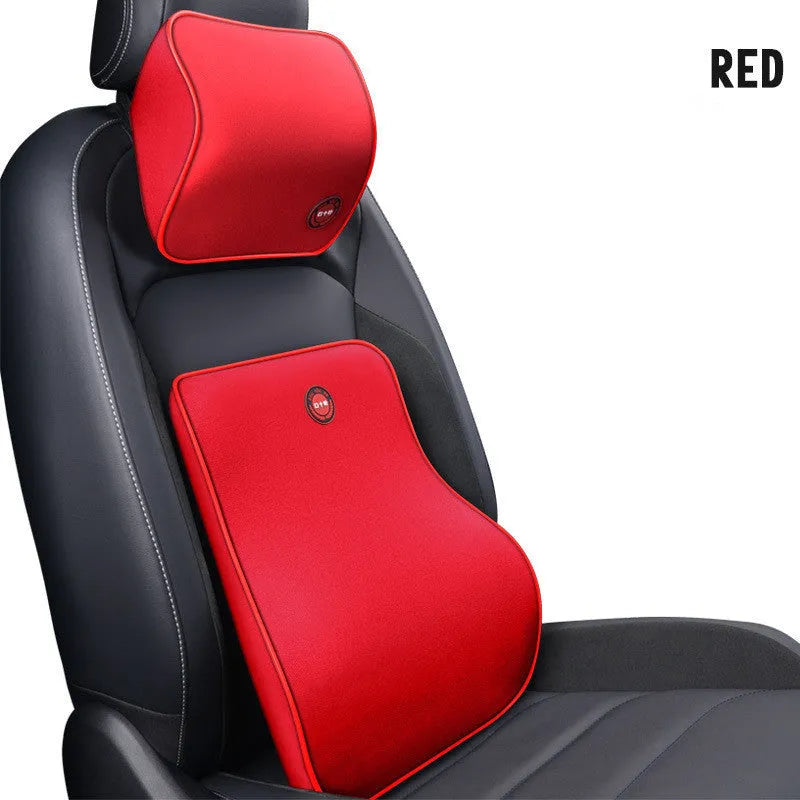 Car headrest neck protector and waist support set in black, coffee, grey or red with polyester cover and memory foam filling