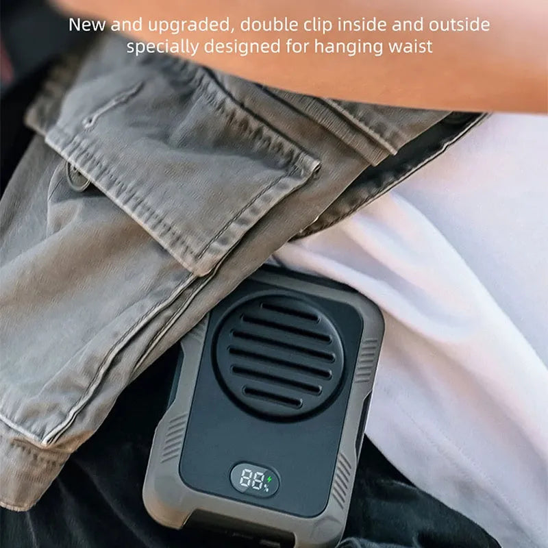 Green portable waist hanging fan with leafless design showing USB charging port and neck strap
