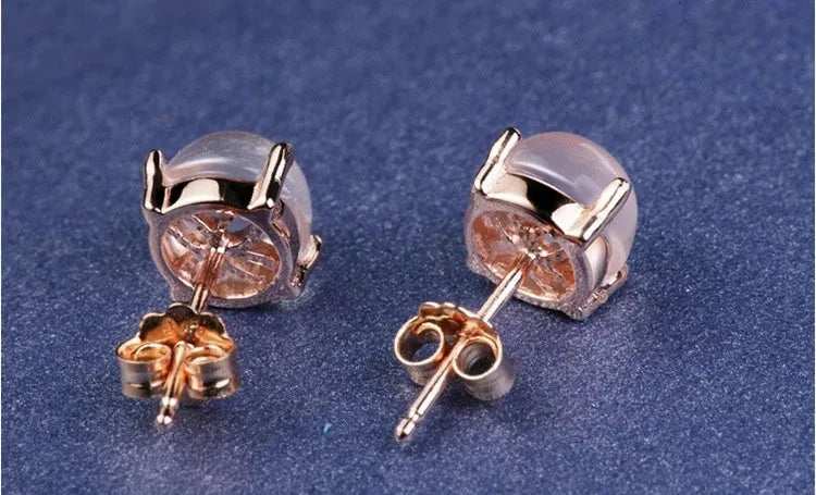 Women's rose gold drop stud earrings with crystal inlay on synthetic ross quartz, Korean style design