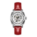 Leather strap mechanical watch with luminous hands showing 10m waterproof rating