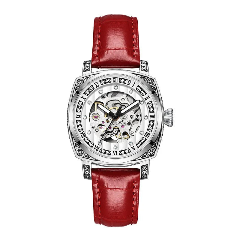 Leather strap mechanical watch with luminous hands showing 10m waterproof rating