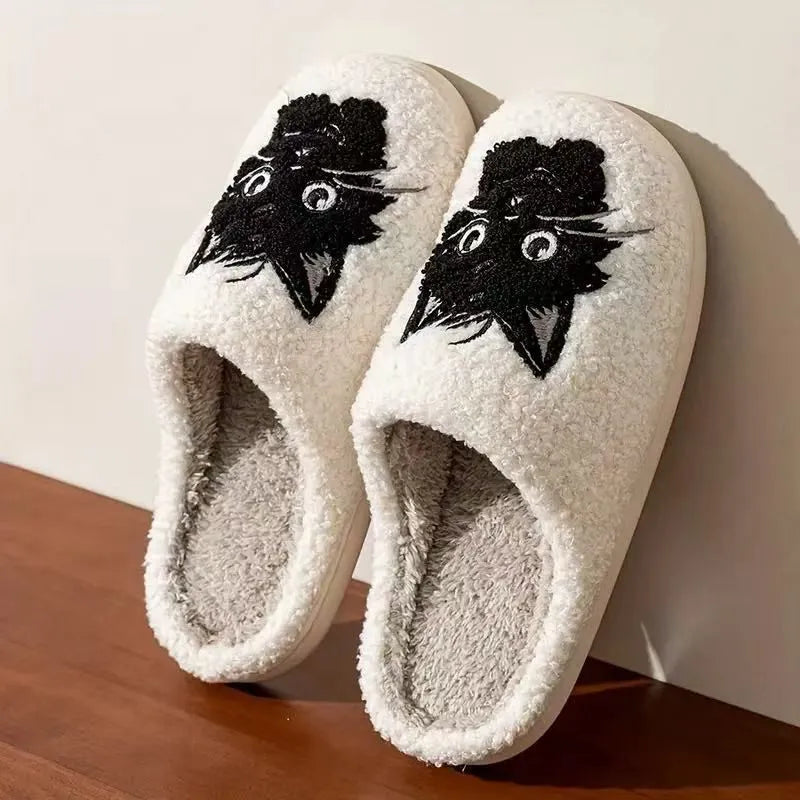 White plush cotton slippers with black beard cat couple cartoon design for indoor home use